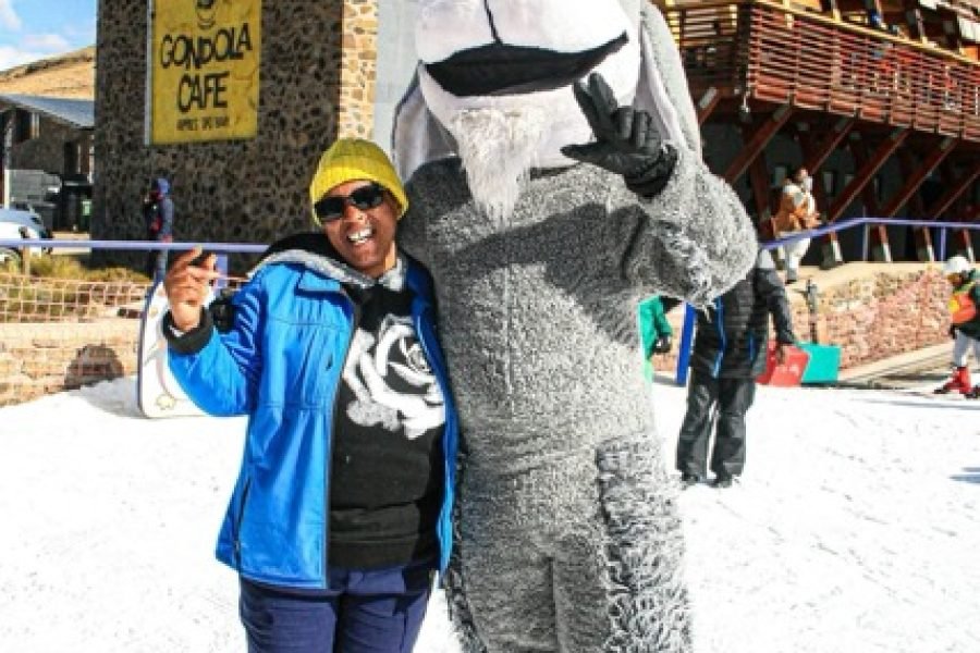 Traveller enjoying an Afriski weekend posing with a giant bunny