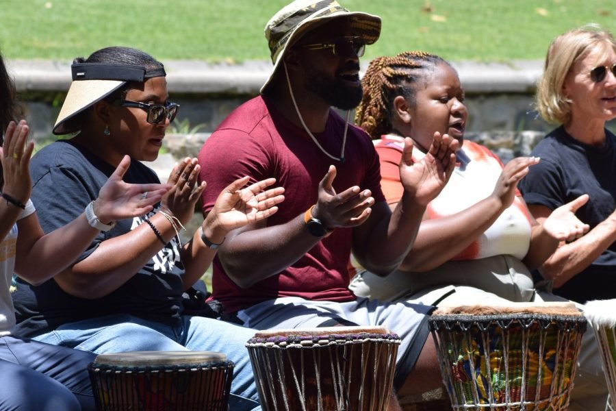 Drumming class close up group learning how to use drums